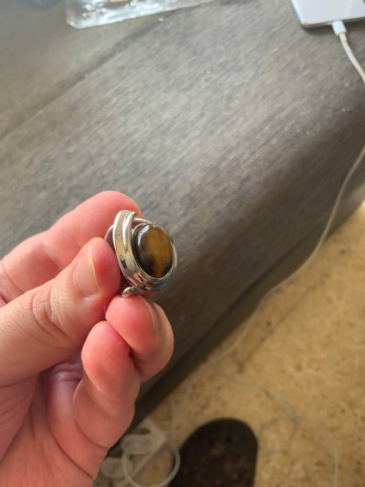 Adjustable Stainless Steel and Natural Tiger's Eye Stone Ring