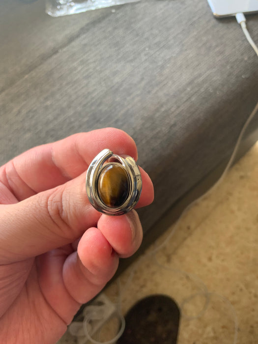 Adjustable Stainless Steel and Natural Tiger's Eye Stone Ring