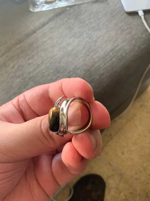 Adjustable Stainless Steel and Natural Tiger's Eye Stone Ring