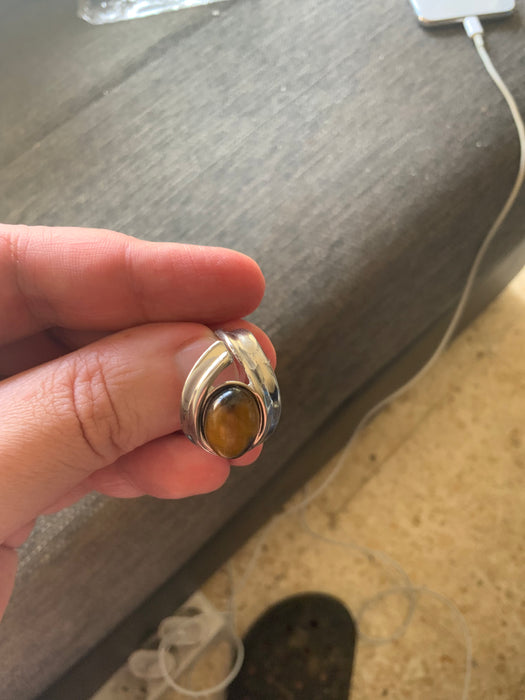 Adjustable Stainless Steel and Natural Tiger's Eye Stone Ring