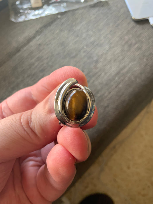 Adjustable Stainless Steel and Natural Tiger's Eye Stone Ring